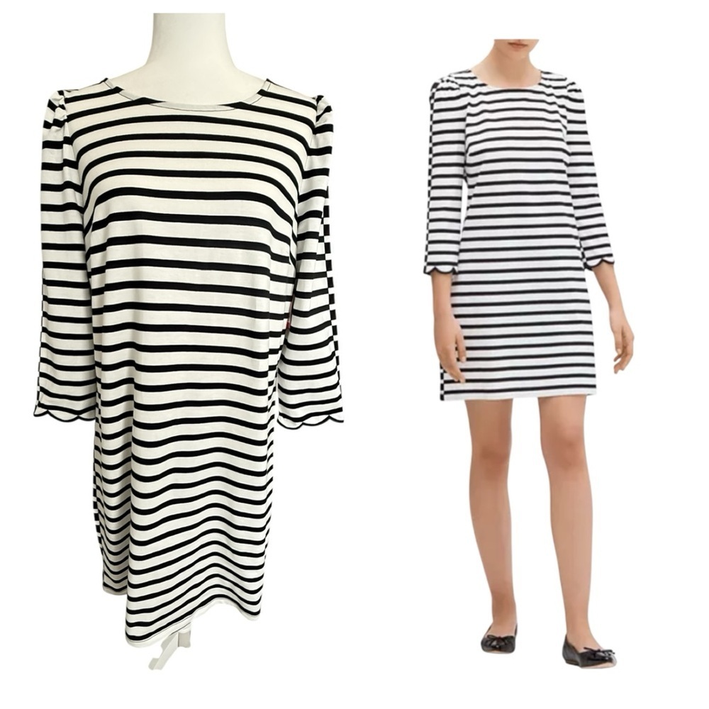 NWT Kate Spade Sailing Stripe Dress Black White Scallop Cuff Cotton Knit L